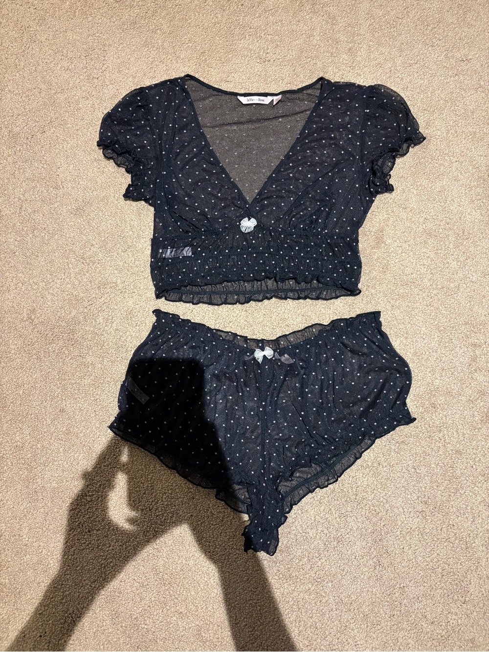 Nwot La vie en rose Sheer Black Dot Crop Top & Shorts Sleep Set size small